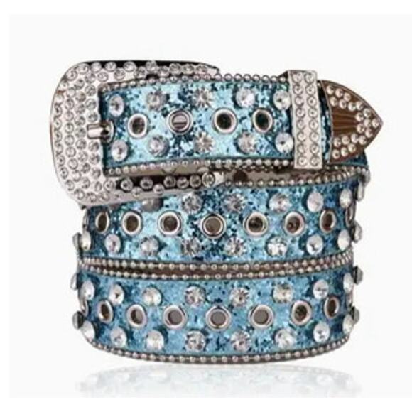 Blue and Silver Studded Rhinestone Glittery Western Belt - Picture 1 of 5